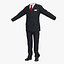 Traje negro, corbata roja y camisa blanca.