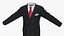 Traje negro, corbata roja y camisa blanca.