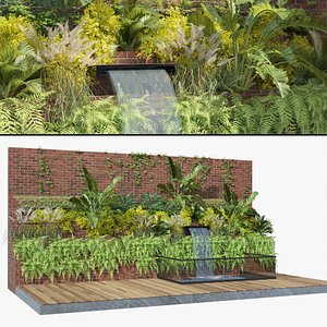 3D model Green wall with climber plant wall and water pool