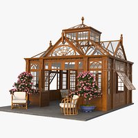 Victorian Style Greenhouse with Furniture and Flowers