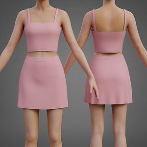 3D model Womens Two-Piece Summer Outfit Set - Spaghetti Strap Crop Top  Mini Skirt 3D Clothing Asset