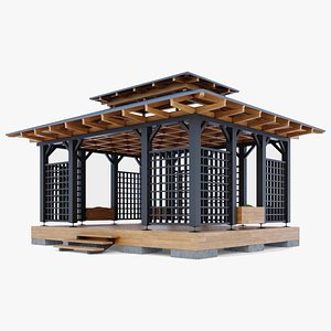 Wooden gazebo with decorative lathing