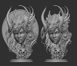 3D digital relief bust of a Dark Fantasy Warrior Queen