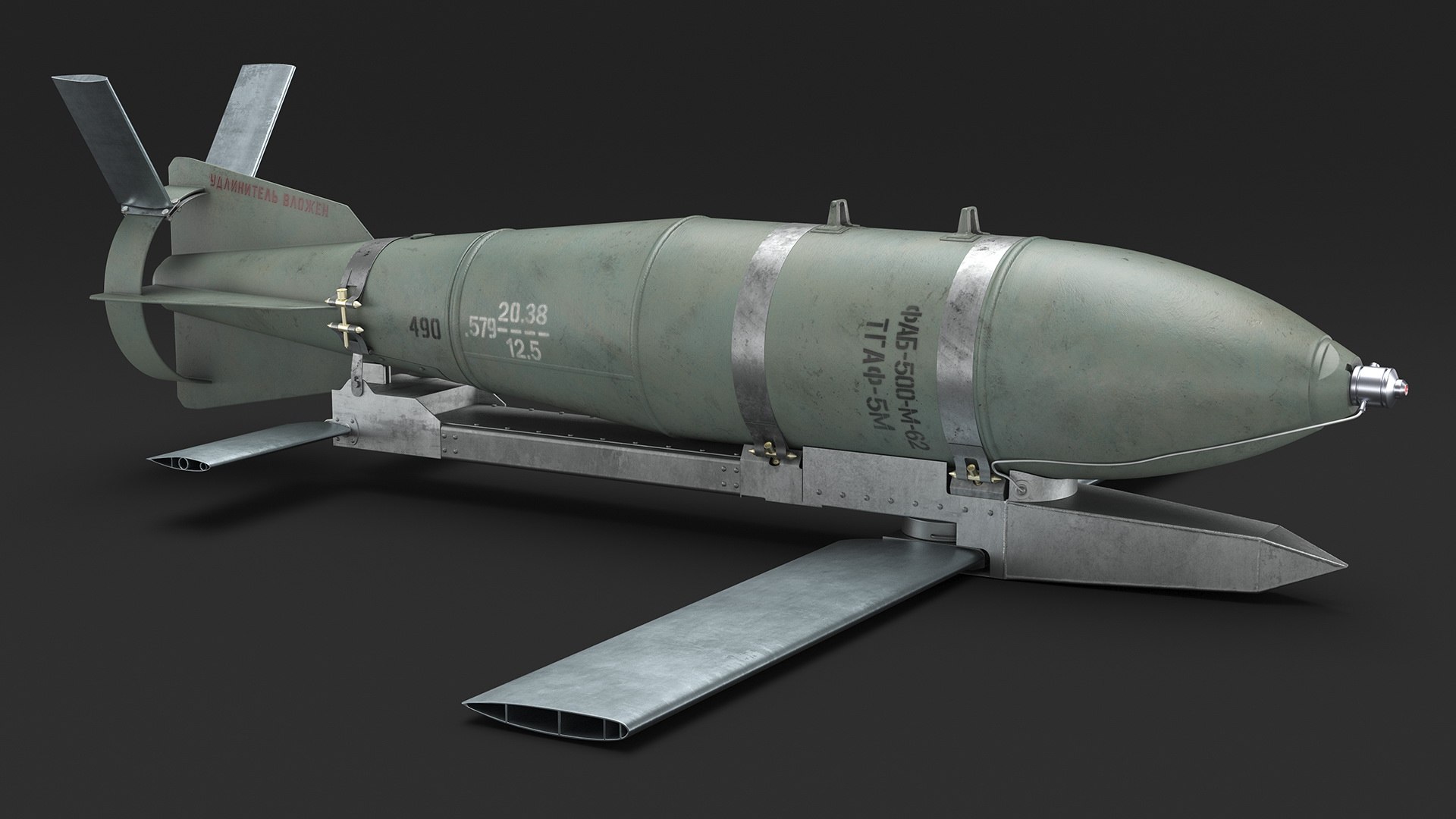3D model Russian FAB 500 M62 Air Bomb with UMPK https://p.turbosquid.com/ts-thumb/GN/Hjzg3V/SH/russianfab500m62airbombwithumpkvray3dmodel007/jpg/1715733703/1920x1080/fit_q87/5f729d4f2d8b0663dd39315e3880e9a6c1bfeddd/russianfab500m62airbombwithumpkvray3dmodel007.jpg