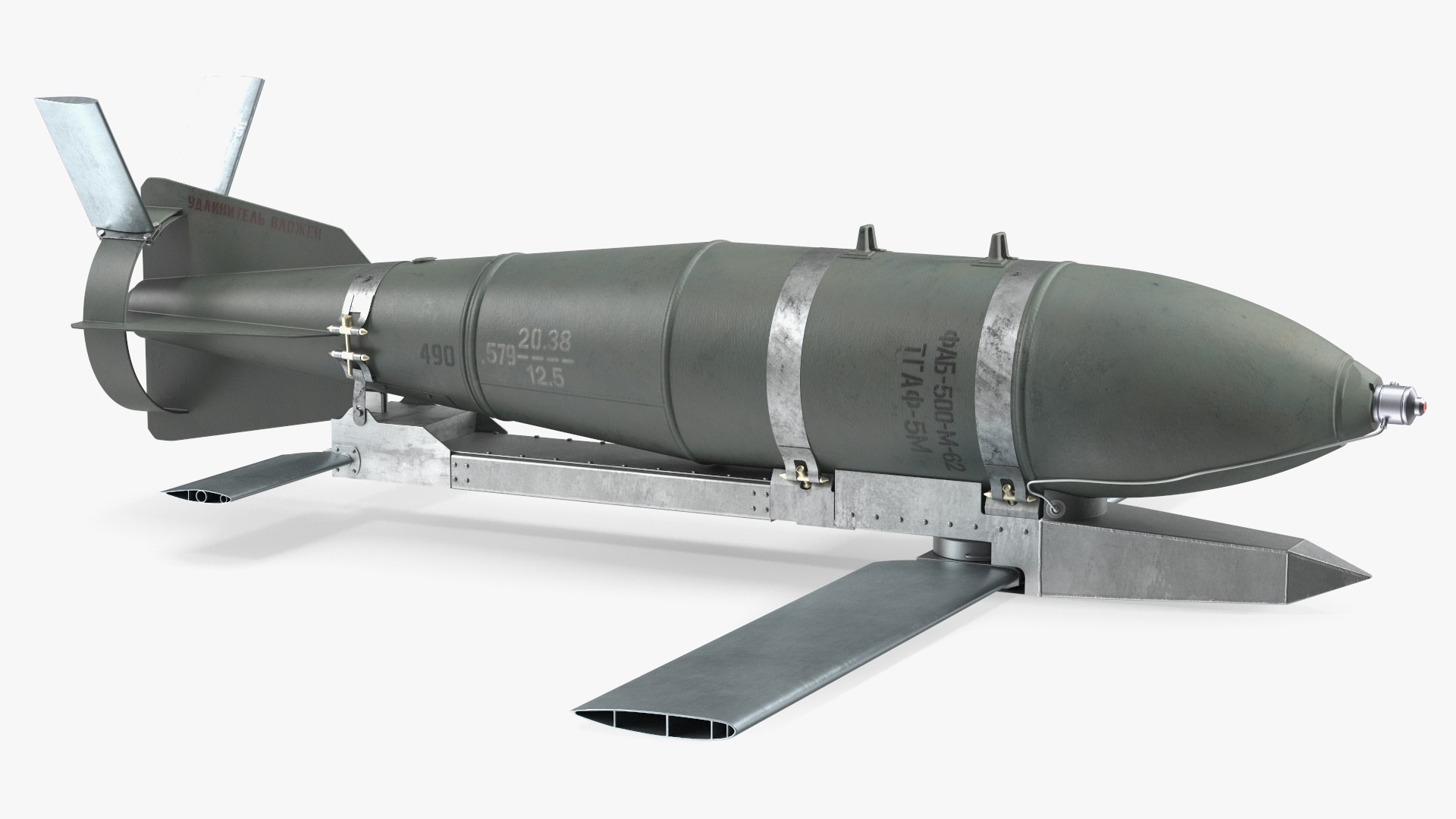 3D model Russian FAB 500 M62 Air Bomb with UMPK https://p.turbosquid.com/ts-thumb/GN/Hjzg3V/Uv/russianfab500m62airbombwithumpkvray3dmodel010/jpg/1715733712/1920x1080/fit_q87/9f45cef6f7f3f85691e07c7e83ea42eb6bcbcc46/russianfab500m62airbombwithumpkvray3dmodel010.jpg