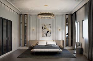 3D Elegant Contemporary Bedroom Interior  Classic Luxury Scene