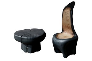 Two Types of Wabi-sabi smoked Wood Coffee Table and Armchair Set 3D