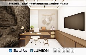 Modern matte black study room interior with natural stone wall 3D