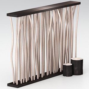 A decorative wall of sticks and coffee tables made of stumps