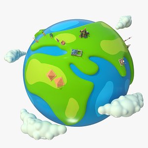 3D Cartoon Earth with Landmarks and Clouds model