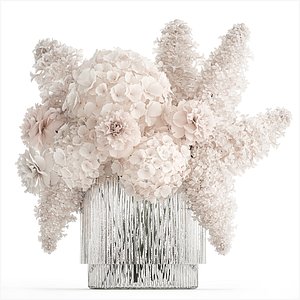 3D Bouquet of white flowers lilac peony hydrangea in vase 433