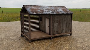 Realistic Rustic Wooden Cabin Shed with Porch  3D Model1
