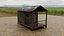 Modelo 3D realista de cabana rústica de madeira com varanda.