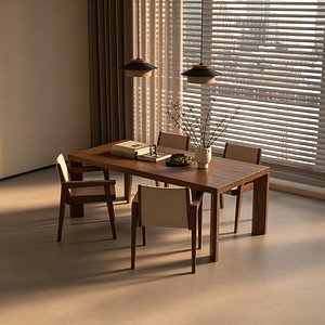 3D Modern Solid Wood Dining Table Chair Set With Lighting model