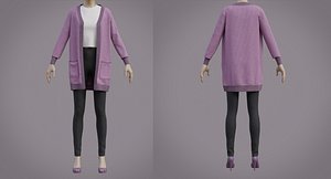 Knit Cardigan winter outfit - sweater croptop and pants 3D model