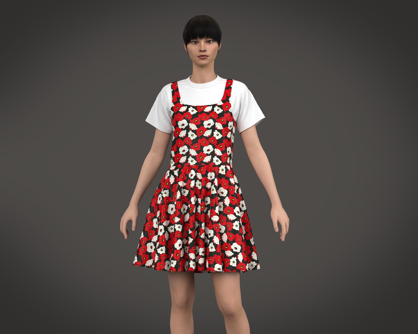 Girl Mini Dress With T shirt Inner In Vintage Floral 3D Model