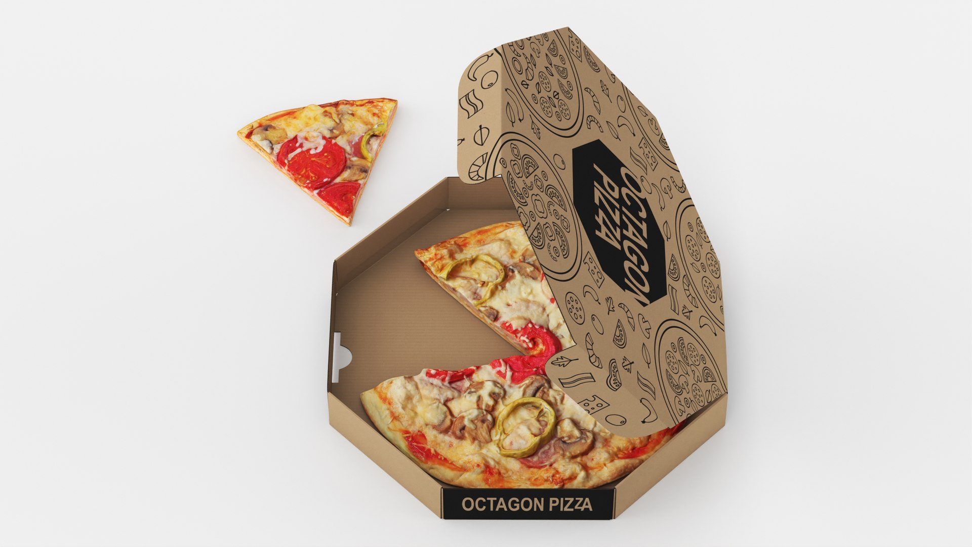 Pizza with Slice Cut in Craft Box 3D model preview