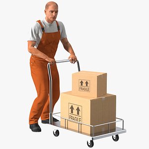 Worker with Trolley Low Platform Railing Cardboard Boxes Rigged Fur for Cinema 4D 3D model