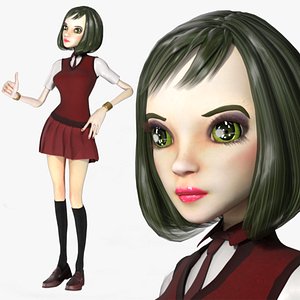 3D Cartoon Rigged Smart School Girl-Mira Character 3D Model model