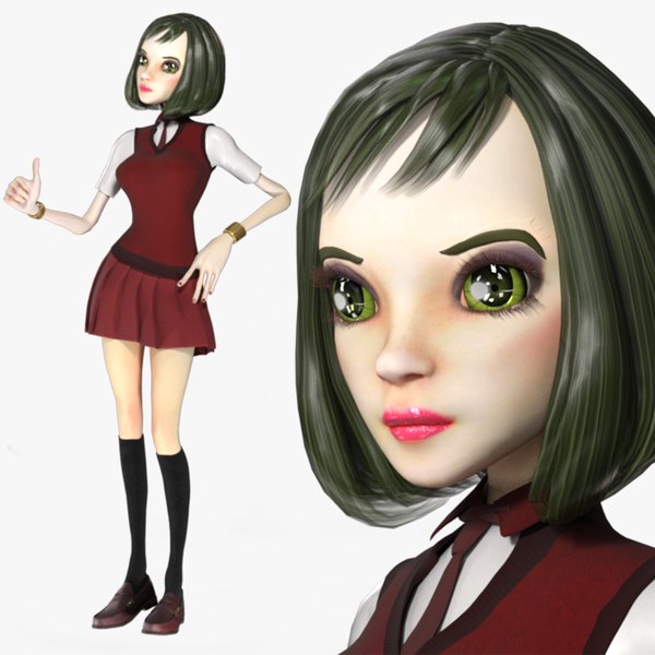 3D Cartoon Rigged Smart School Girl-Mira Character 3D Model model