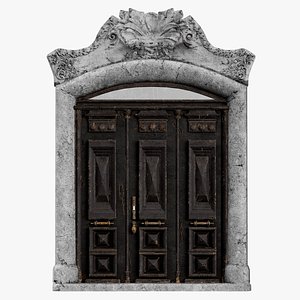 Wooden Door With a Big Concrete Ornament 3D