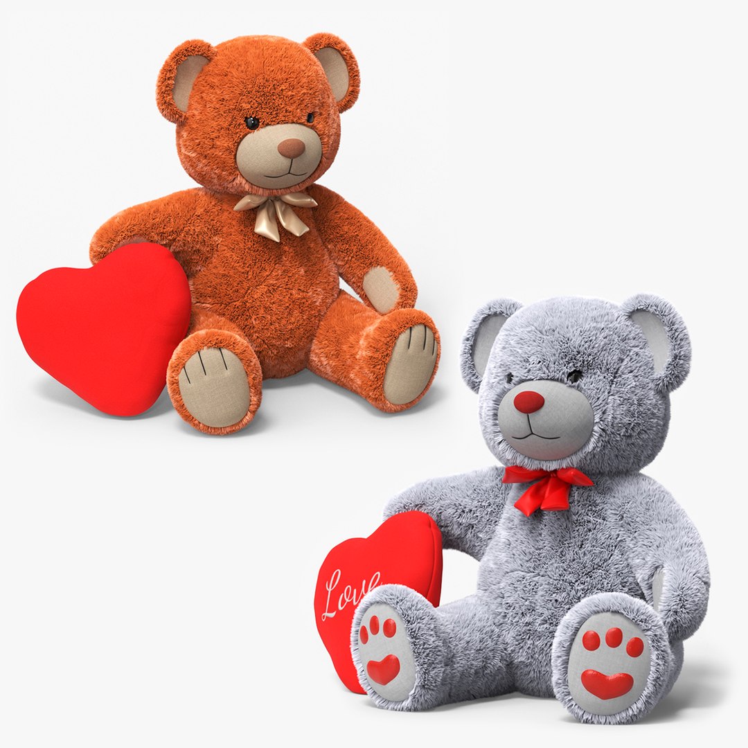 Teddy Bears with Heart Fur Collection 3D model preview