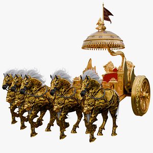 Royal Indian Golden Chariot with Five Armored Horses Ultra Detailed Mythological War Cart PBR 3D