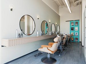 PBR Hair Salon Furniture Collection 3D Model - Mirror Station - Styling Chair - Washbasin