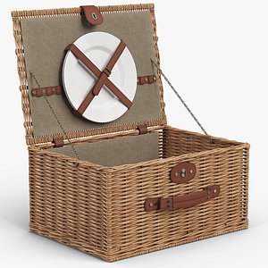 Willow Picnic Basket with Ceramic Plate Open Brown