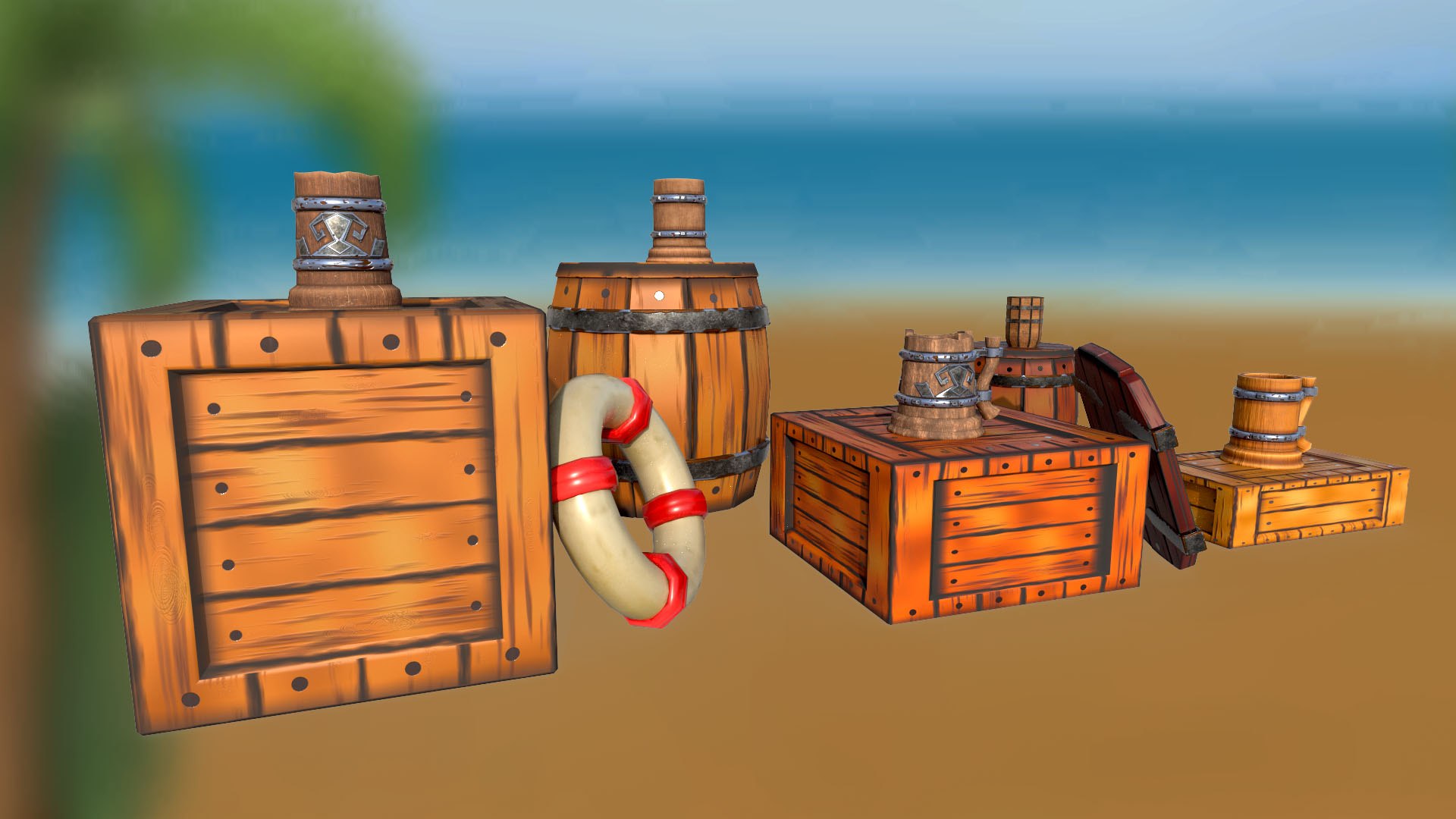 3D Set Of Stylized Boxes Mug Barrel Shield Lifebuoy PBR Low-poly 3D ...