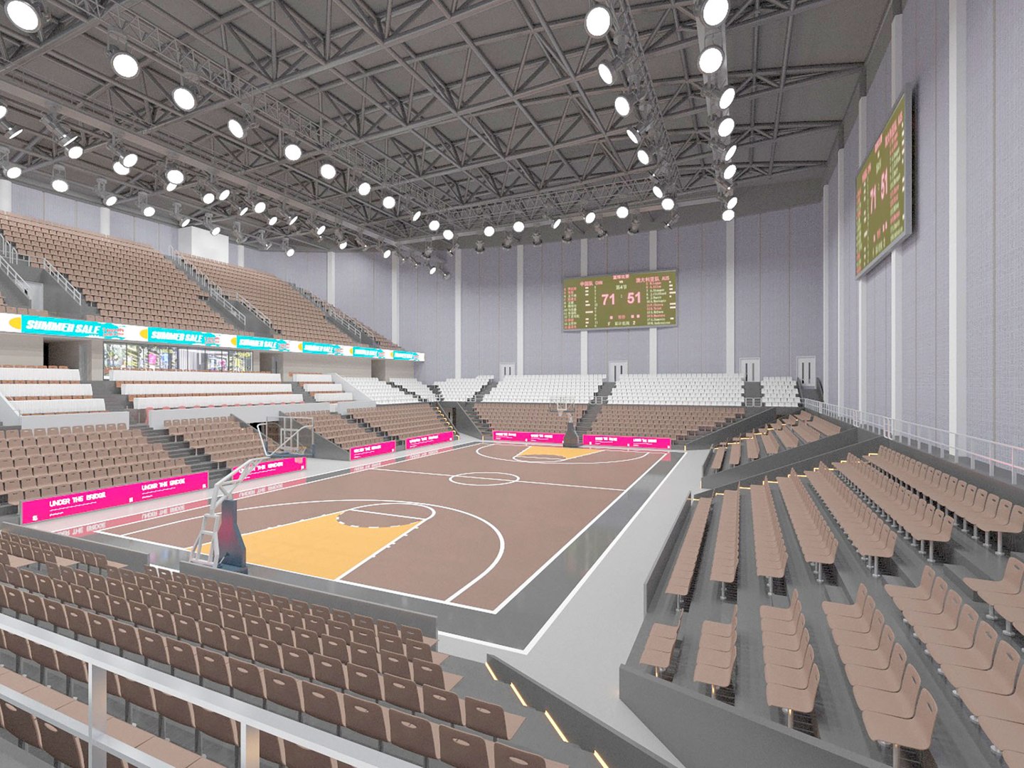 An indoor basketball court a basketball hall a stadium a stand model