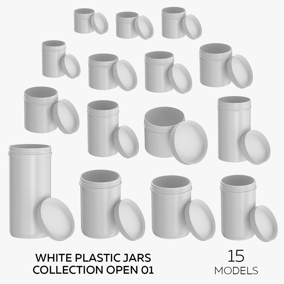 3D White Plastic Jars Collection Open 01 - 15 models https://p.turbosquid.com/ts-thumb/Gj/SWI1J5/0O/square/jpg/1648033790/1920x1080/fit_q87/52dc16f0de2fa8d0d7b43e60764c39ad562843e6/square.jpg