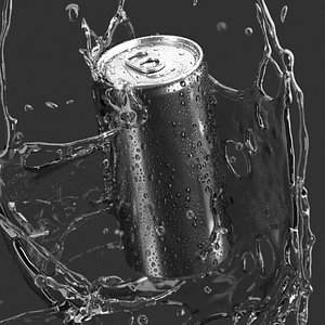 Black 250ml Sleek Can With Splash - soda falling in water drops 3D model