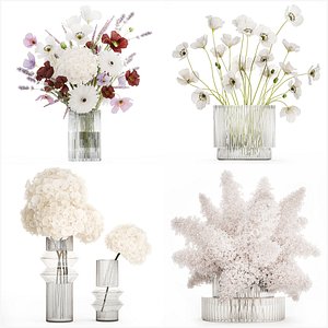 3D White Realistic Bouquets Hydrangea Lilac Poppy 621