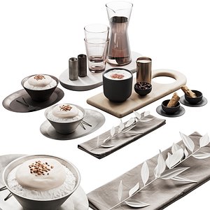 3D 429 eat and drinks decor set 07 desserts with latte and water carafe