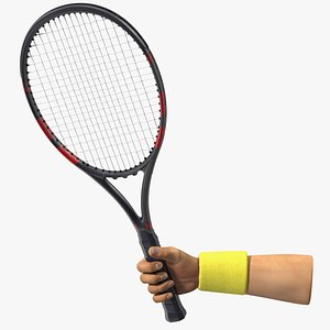 Man Hand with Nike Swoosh Wristband Holds Tennis Racquet Rigged for Cinema 4D 3D