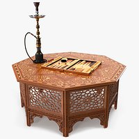 Oriental Wooden Table with Hookah and Backgammon