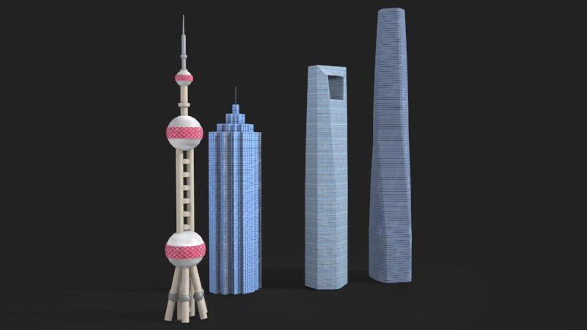 3D Low Poly Shanghai Pearl Tower And Skyscraper Model - TurboSquid 1729570