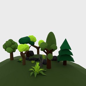 3D model cartoon set plants stones