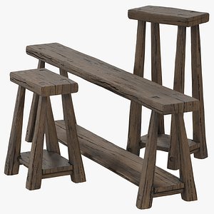 3D Old oak wood bench and stools model