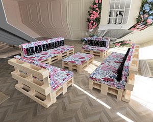 Sofa with table on pallets 3D model