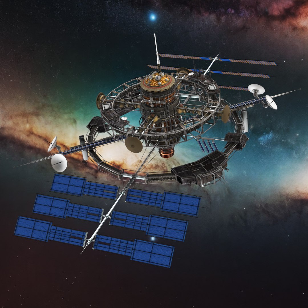 Futuristic Sci Fi Space Station with Solar Panels 3D model preview