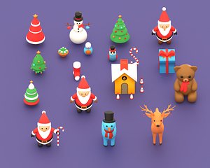 Stylized Christmas Assets 3d Model Pack Low Poly Santa Snowman Tree Gift Game Ready Fbx Obj Blend 3D