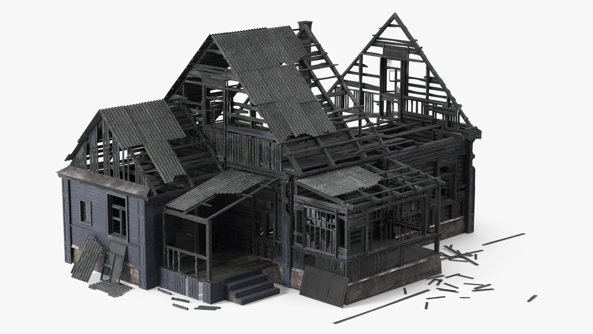 Burnt Wooden Down House Blue 3D model preview