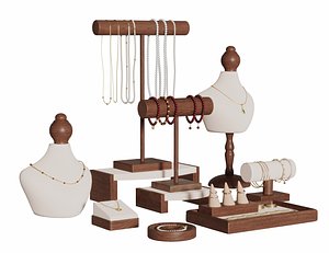 Set of Wooden Jewelry Display Stands with Necklaces and Rings 3D model