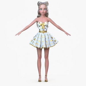 Cartoon Girl Blonde Short Dress Default White