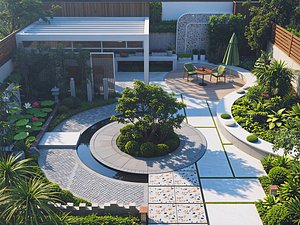 3D Modern Circular Water Feature Private Villa Courtyard Landscape 3D Model