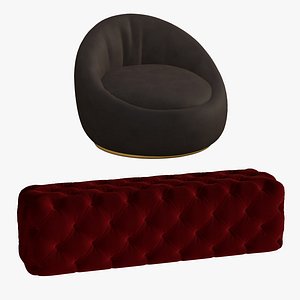 3D Chesterfield Velvet Bench With Lounge Sofa model