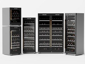 3D Wine Cooler Cabinet Set 3D Model With Wine Bottles model