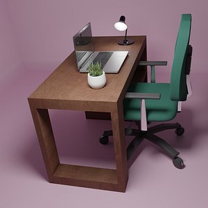 3D wood desk green chair